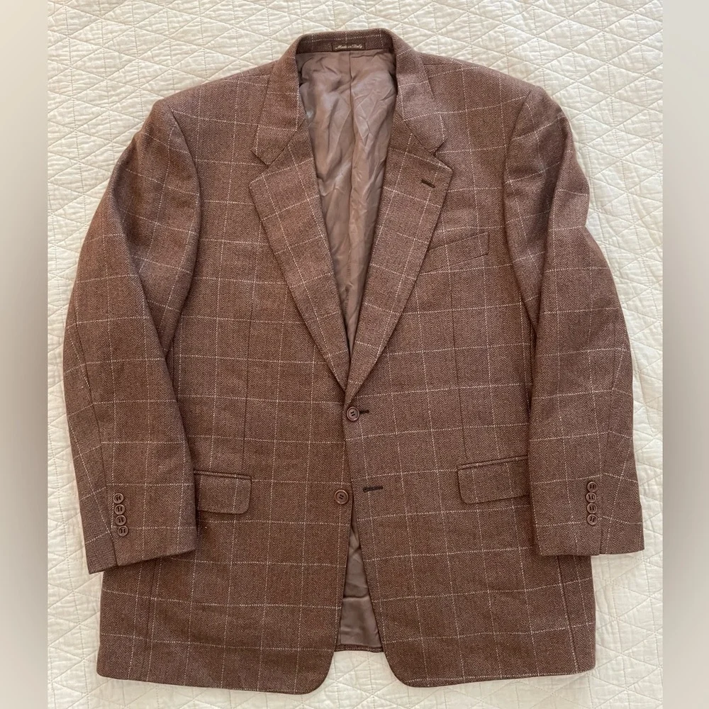 MABRO made in Italy‎ for cuzzens Cashmere & Silk Windowpane Jacket in Brown 46 R